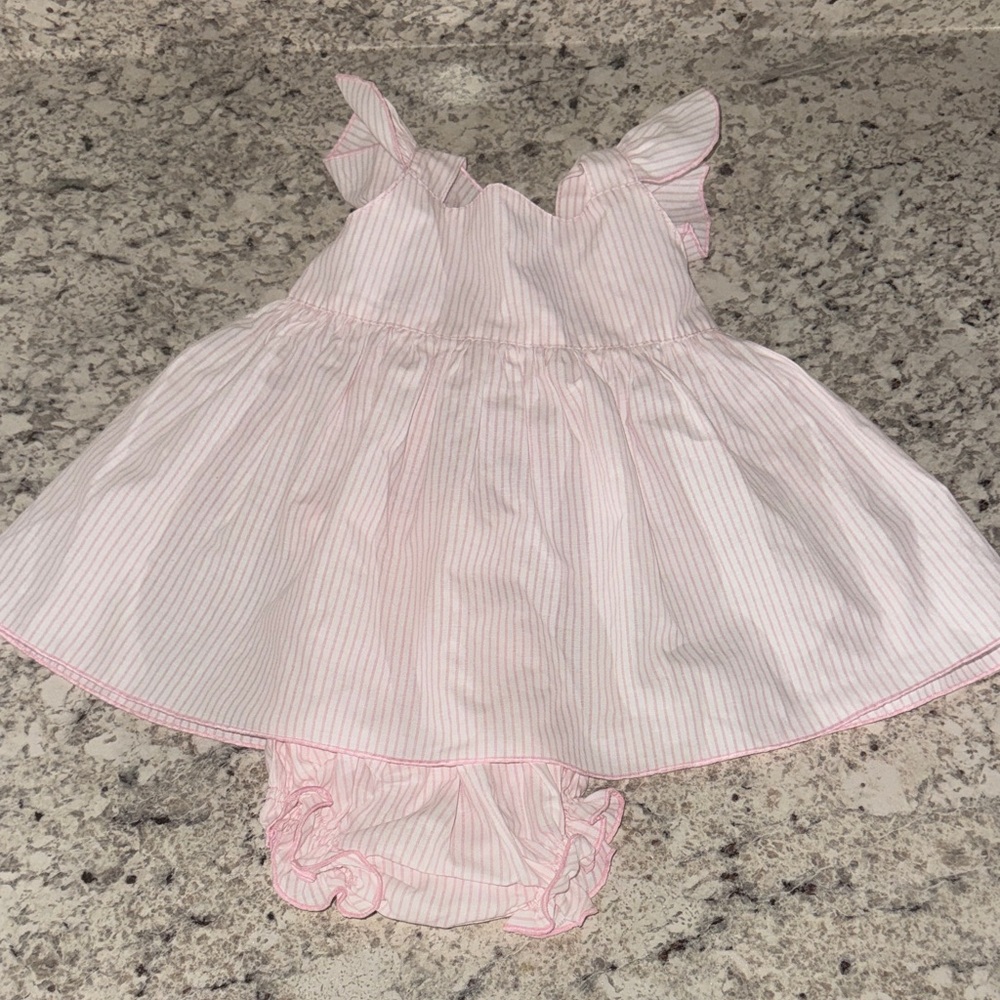 Sal & Pimenta Pink Striped Kids Dress with Ruffle Sleeves- 12 m